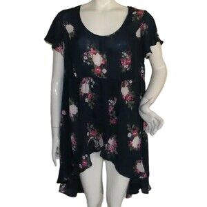 TORRID Lexie Tunic, 0/L, Navy Blue, Floral, Hi-Low Ruffle, Short sleeves, Scoop
